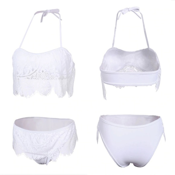 Lace ruffle halter tie bandeau style white bikini - Picture 3 of 7